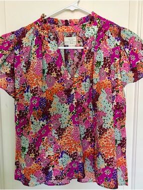 Trovata Pink Purple Orange Floral V-Neck Blouse (skirt listed seperatley)